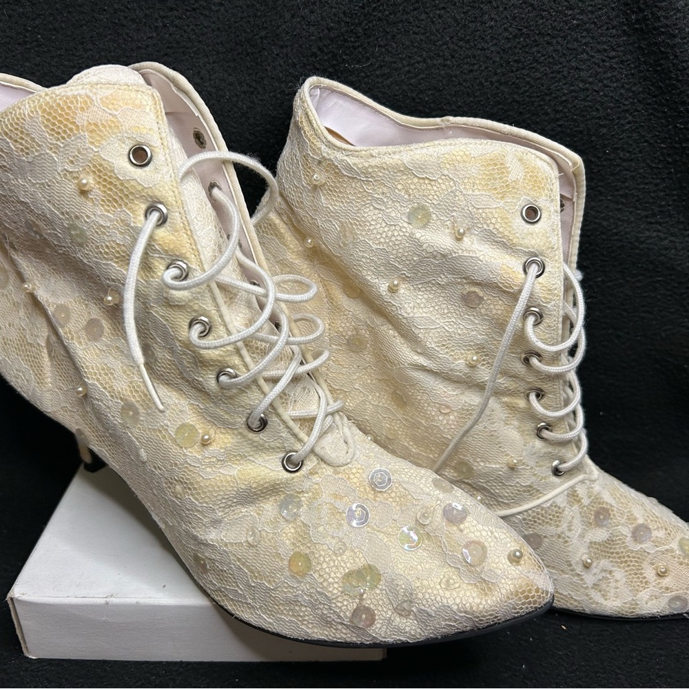 Vintage Aphrodite Heeled Bridal Boots with Lace custom hand beaded & sequined. - Picture 4 of 11